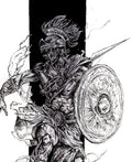Black and white illustration of a warrior with a shield and spear, standing against a black background.