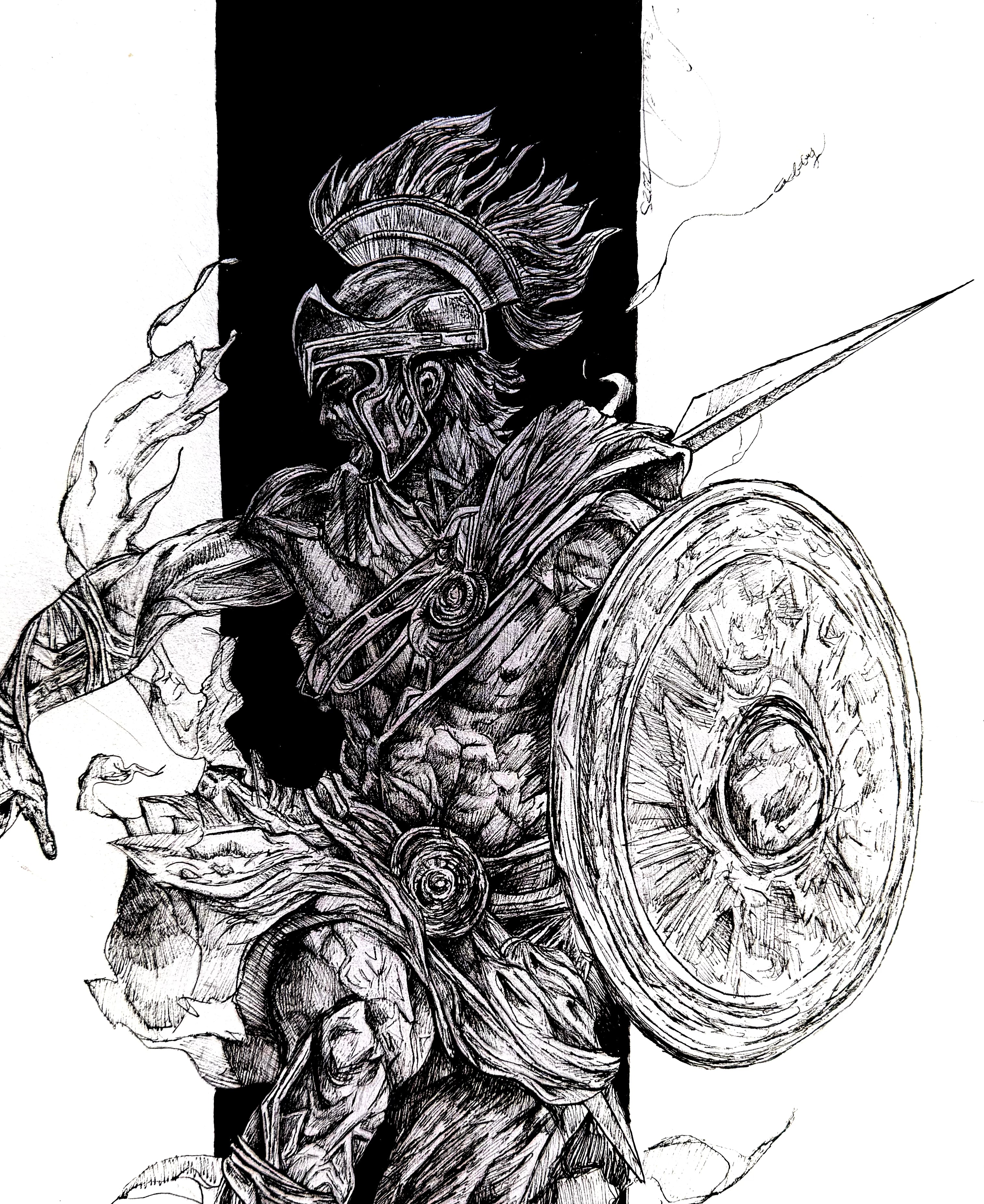 Black and white illustration of a warrior with a shield and spear, standing against a black background.